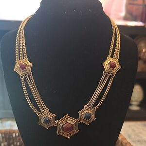 Elegant Goldtone and Red Hexagon Necklace